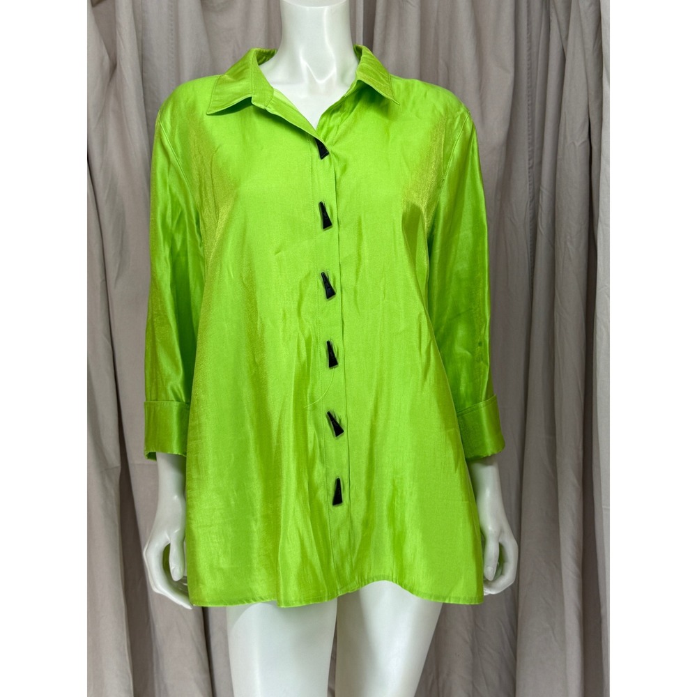 Multiples Lime Green Tunic Blouse XL Shimmer Toggle Button Back Detail Top